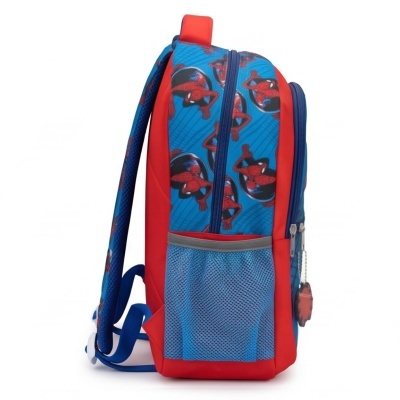 Mochila infantil Homem-Aranha azul e vermelha vista de lado