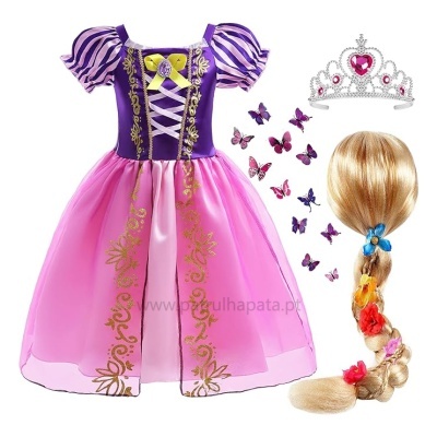 Vestido de princesa roxo e rosa com tiara e trança decorada
