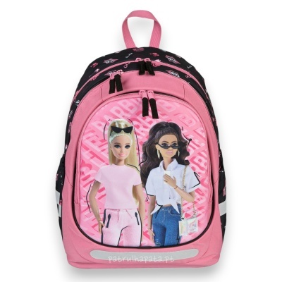 Mochila rosa e preta com imagem de duas bonecas e fechos pretos