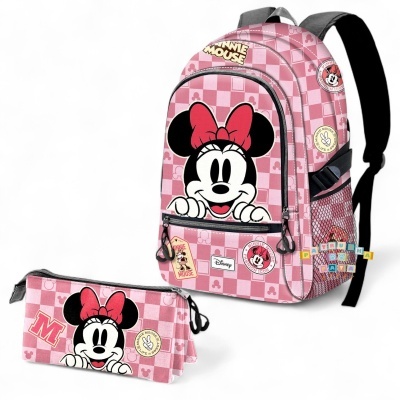 Mochila cor-de-rosa com padrão de quadrados e imagem da Minnie Mouse, com estojo combinando