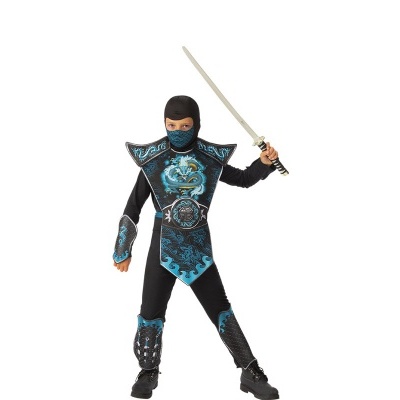 Fato de ninja para criança preto com azul e espada de brinquedo