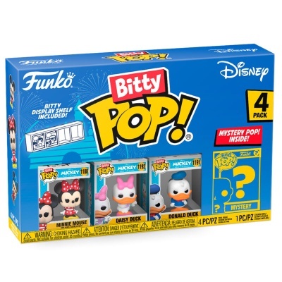 Caixa azul Funko Bitty Pop! Disney com 4 figuras, incluindo Minnie Mouse, Daisy Duck, Donald Duck e figura surpresa.