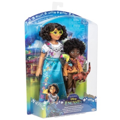 Blister com duas bonecas Disney Encanto, uma com vestido azul e outra com roupa castanha e gato