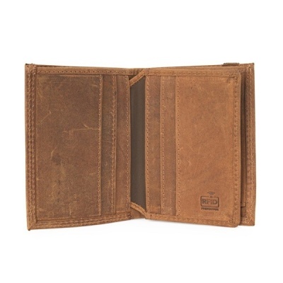 Carteira masculina de pele castanha com compartimentos e selo RFID