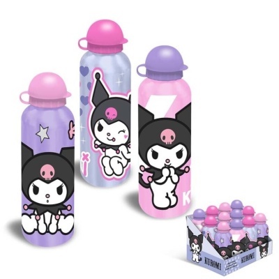 Três garrafas de alumínio com tampas coloridas e desenhos de personagens Kuromi