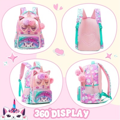 Mochila infantil rosa com padrão de unicórnio e pompons