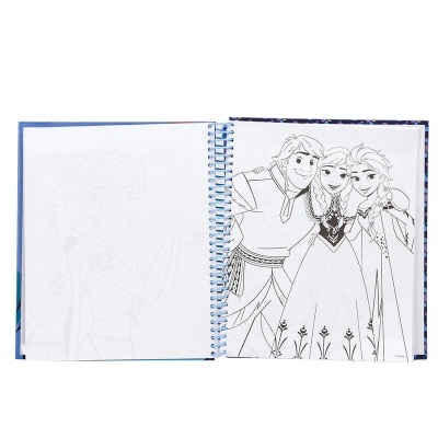 Livro para colorir 'Frozen' aberto com personagens para pintar.