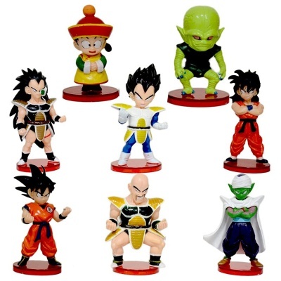 Oito figuras colecionáveis Dragon Ball coloridas em bases vermelhas