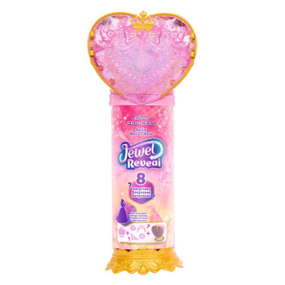 Embalagem rosa do brinquedo Disney Princess Jewel Reveal com tampa em forma de coração e base dourada