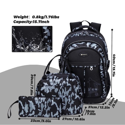 Conjunto de mochila e bolsas camufladas em azul, cinza e preto com texto de peso e capacidade.