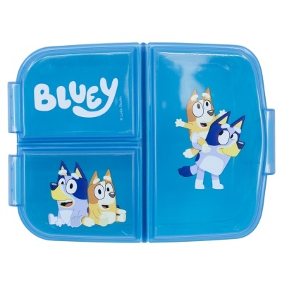 Estojo azul com personagens do desenho Bluey e texto 'BLUEY'