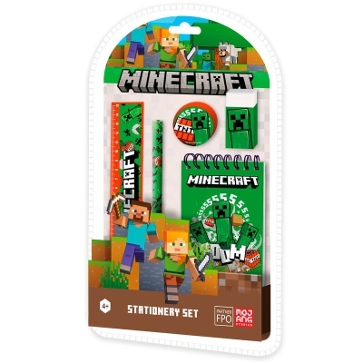 Conjunto de material de escritório Minecraft com régua, lápis e bloco de notas verde.