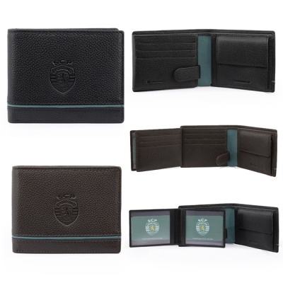 Carteiras de pele preta e castanha com brasão SCP e faixa azul