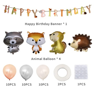 Conjunto decoração festa aniversário com bandeirola HAPPY BIRTHDAY, balões animal foil e balões de latex em tons pastel