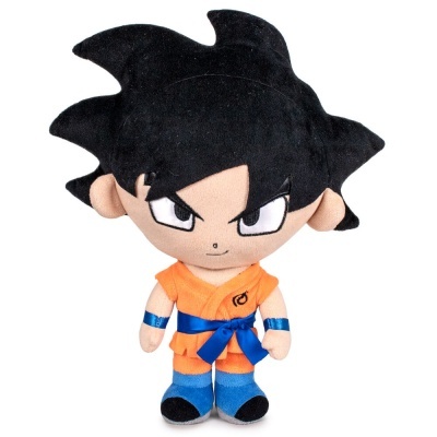 Boneco de pelúcia anime com cabelo preto e roupa laranja e azul