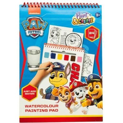 Bloco de pintura aguarelas PAW Patrol com capa azul e vermelha e personagens