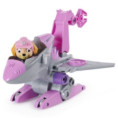 Brinquedo de avião cinzento e lilás com figura de cão e capacete rosa