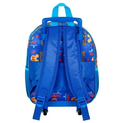 Mochila azul com padrões coloridos vista pelas costas