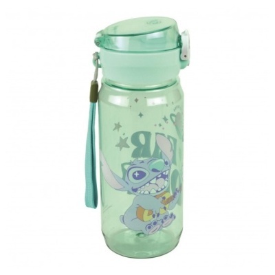 Garrafa verde translúcida com personagem Stitch e estrelas
