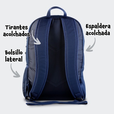 Mochila azul vista de trás com tirantes, espaldar acolchoados e bolso lateral