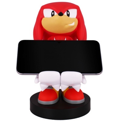 Suporte de telemóvel com figura vermelha de Knuckles segurando smartphone preto.