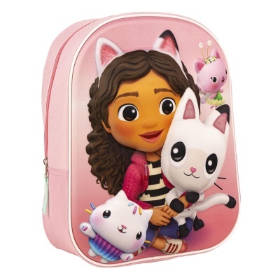 mochila infantil rosa com personagens animados e animais de pelúcia