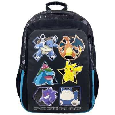 Mochila preta com personagens Pokémon coloridos
