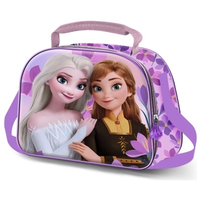 Bolsa lilás com personagens animadas e flores lilases
