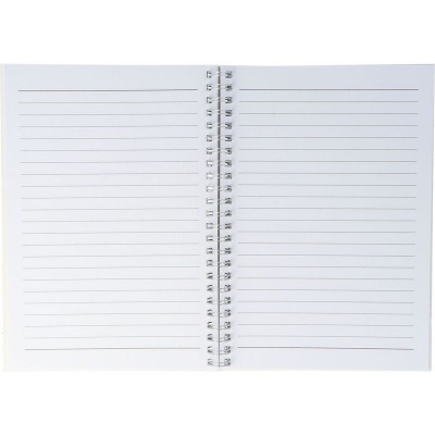 Caderno espiral aberto com páginas brancas e linhas horizontais