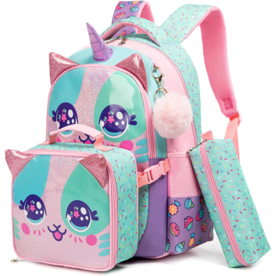 Mochila infantil gato unicórnio rosa e azul com estojo e bolsa lateral