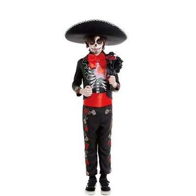 Fato criança mariachi com bordados vermelhos e chapéu preto