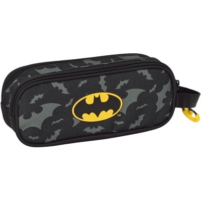 Estojo escolar preto com padrão de morcegos e logótipo do Batman amarelo.
