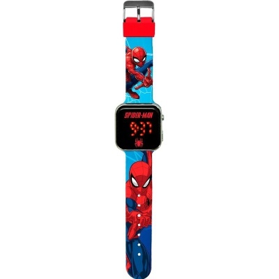 Relógio digital infantil azul e vermelho com personagem Spiderman e visor digital preto.