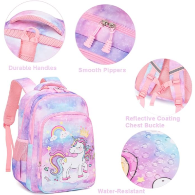 mochila infantil lilás, rosa e azul com unicórnio e texturas resistentes