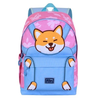 Mochila azul e rosa com estampa de cão sorridente e padrão floral