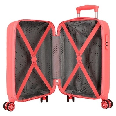 Mala de viagem rígida cor de coral aberta mostrando interior cinzento com cintas elásticas.