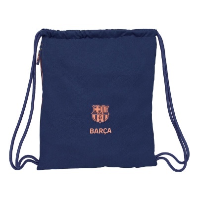 Mochila saco azul com símbolo FCB e texto BARÇA