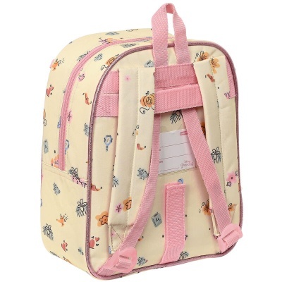 mochila pequena bege com padrões desenhos coloridos e alças cor-de-rosa