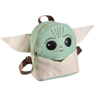 Mochila infantil Baby Yoda verde e bege com orelhas grandes