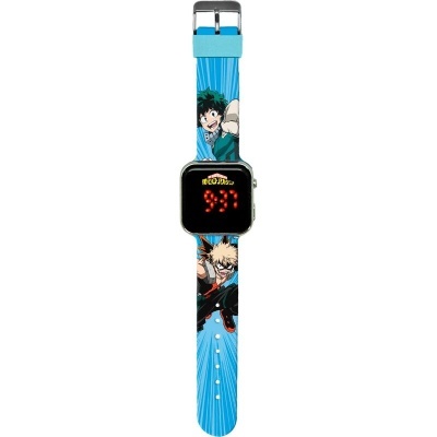 Relógio digital com bracelete azul e personagens de desenho animado