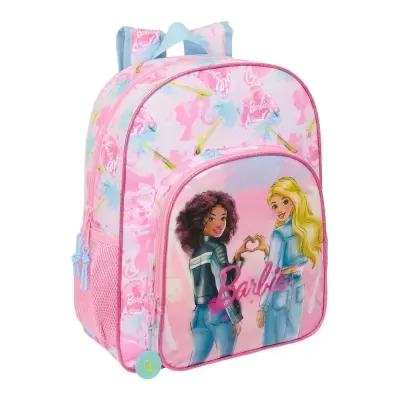 Mochila infantil rosa com estampa Barbie e personagens femininas