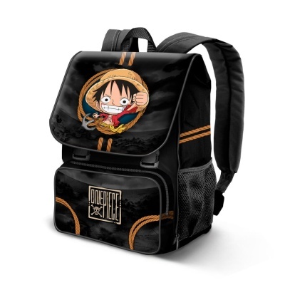 Mochila preta com estampa de personagem de desenho animado e texto ONE PIECE