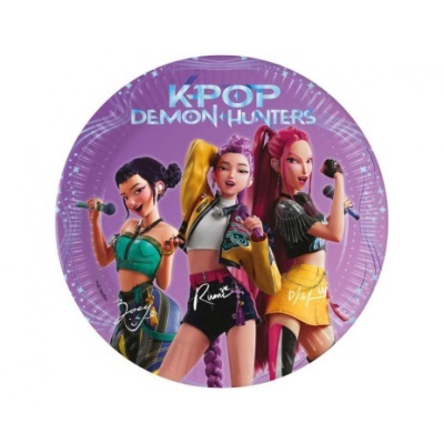 Prato roxo com personagens de K-POP Demon Hunters