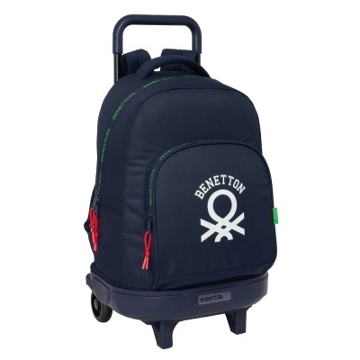 Mochila de carrinho azul escuro com logo BENETTON e puxadores vermelhos