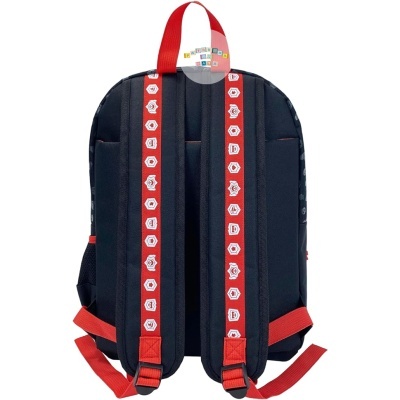 Mochila preta com alças vermelhas e padrão de ícones brancos nas alças