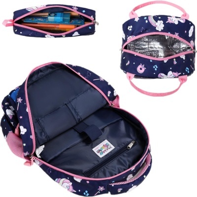 Mochila infantil azul escura com unicórnios e estrelas cor-de-rosa, estojo e lancheira térmica