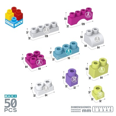 Conjunto de blocos de construção MAXI 50 peças coloridas com várias formas e dimensões