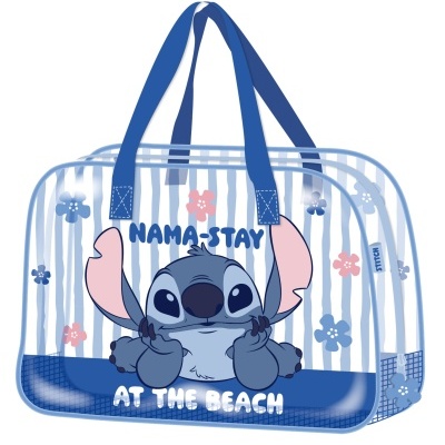 Mala de viagem infantil azul e transparente com personagem Stitch e texto NAMA-STAY AT THE BEACH