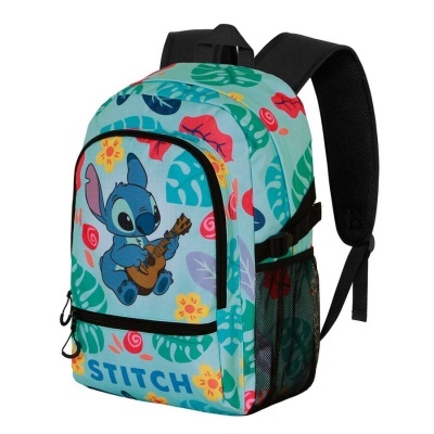 Mochila azul clara com padrão colorido e personagem Stitch a tocar guitarra