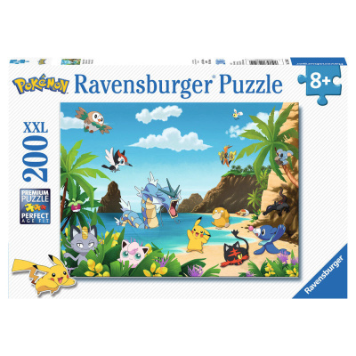 Caixa de quebra-cabeças Ravensburger Pokémon 200 peças XXL para 8+ com imagem colorida de personagens Pokémon na praia